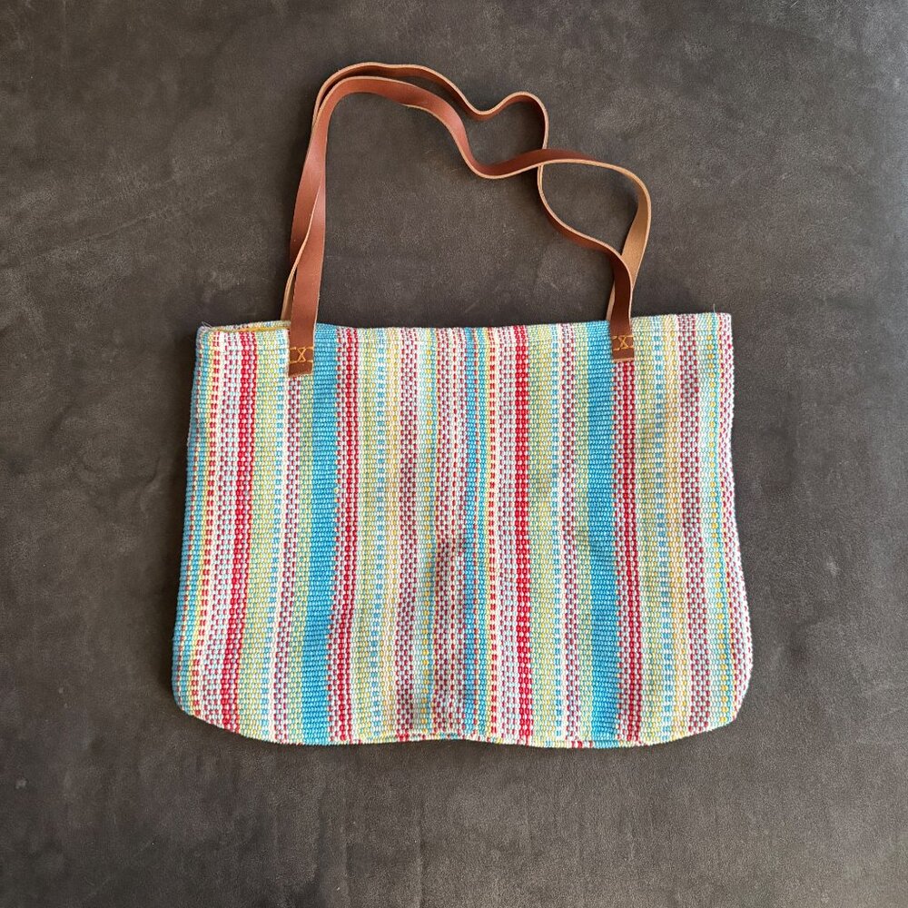 Colorful Striped Tote Bag With Faux Leather Straps & Yellow Lining